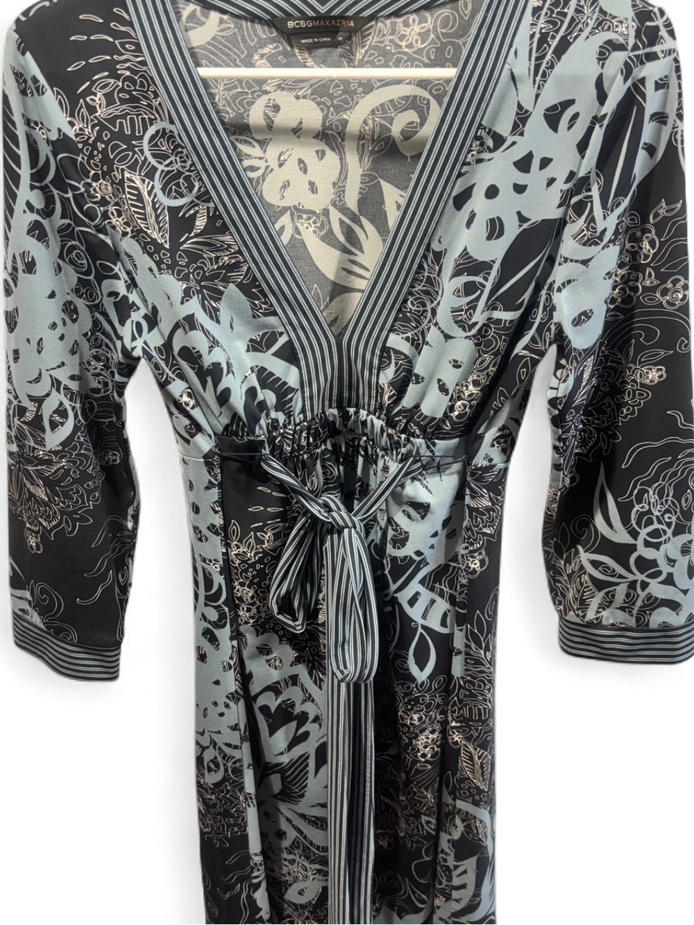 BCBGMaxAzria Black and Light Blue Printed Wrap Dress